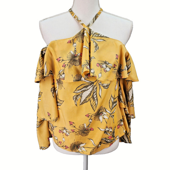Express Women’s XS Yellow Floral Ruffle Sleeve Halter Cold Shoulder Crop Top Boh - Picture 3 of 13